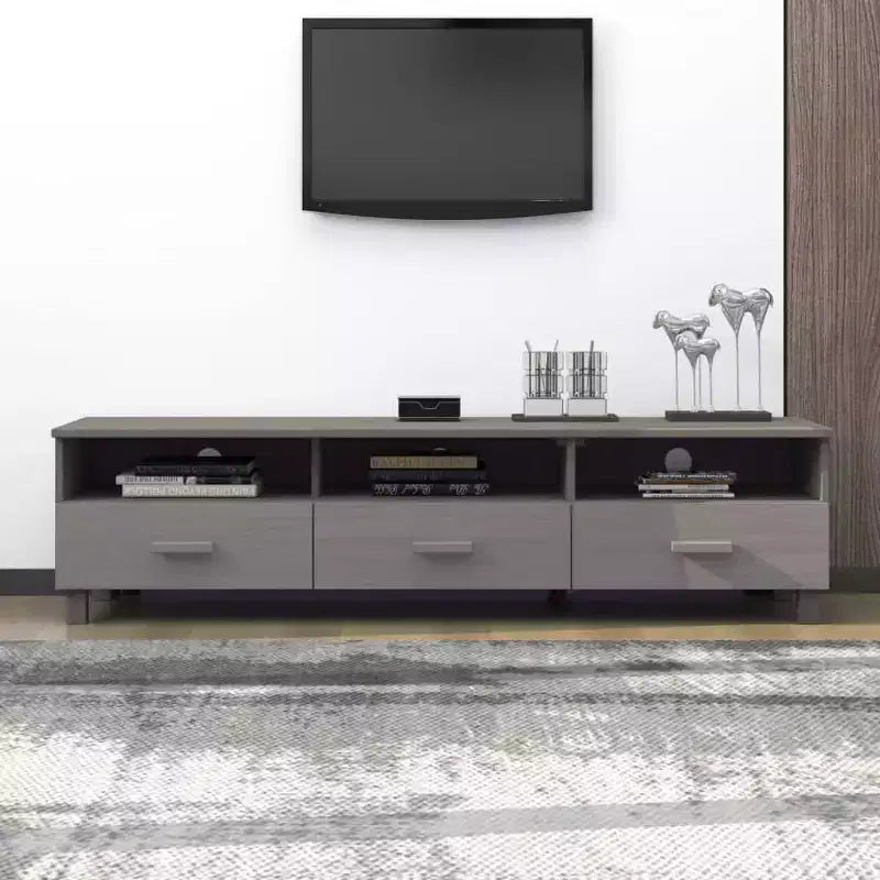 Light Gray Pine TV Stand/Console Sideboard - 62.2 x 15.7 x 15.7 in | Solid Wood, MDF | 3 Drawers, 3 Compartments