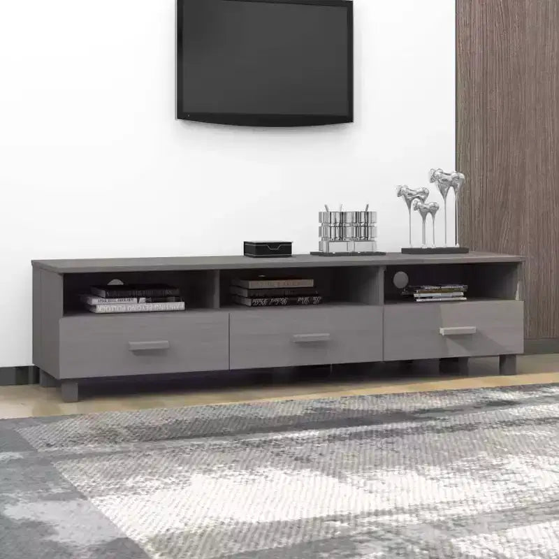 Light Gray Pine TV Stand/Console Sideboard - 62.2 x 15.7 x 15.7 in | Solid Wood, MDF | 3 Drawers, 3 Compartments