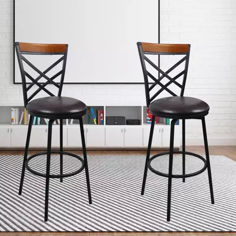 Swivel Metal Kitchen Counter Barstool with Double X Back Upholstered Faux Leather Seat, Espresso and Black,