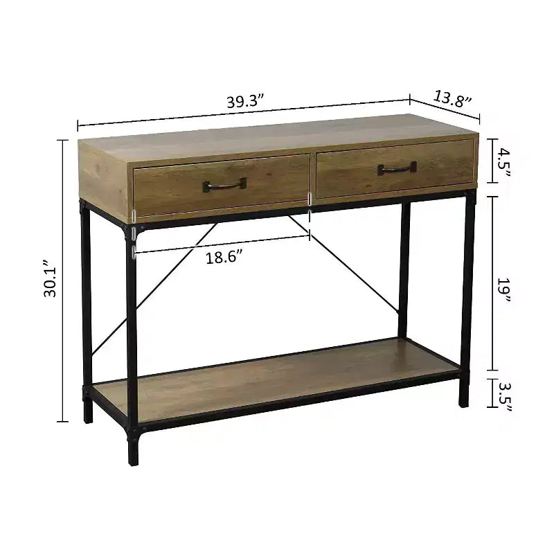 Rustic Console Table with 2 Drawers and Storage Shelf for Living Room, Home, Black Base