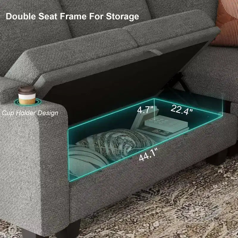 L-Shaped Fabric Sectional Couch - Modular Design with Hidden Storage & Removable Cup Holder