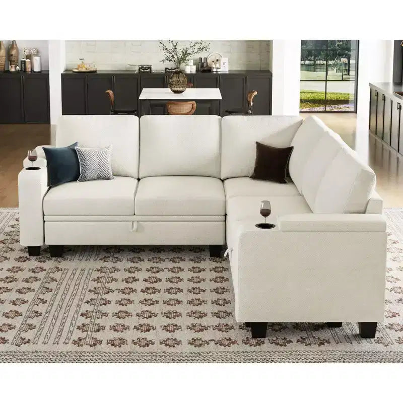 L-Shaped Fabric Sectional Couch - Modular Design with Hidden Storage & Removable Cup Holder
