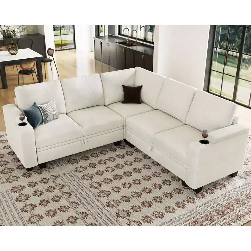 L-Shaped Fabric Sectional Couch - Modular Design with Hidden Storage & Removable Cup Holder