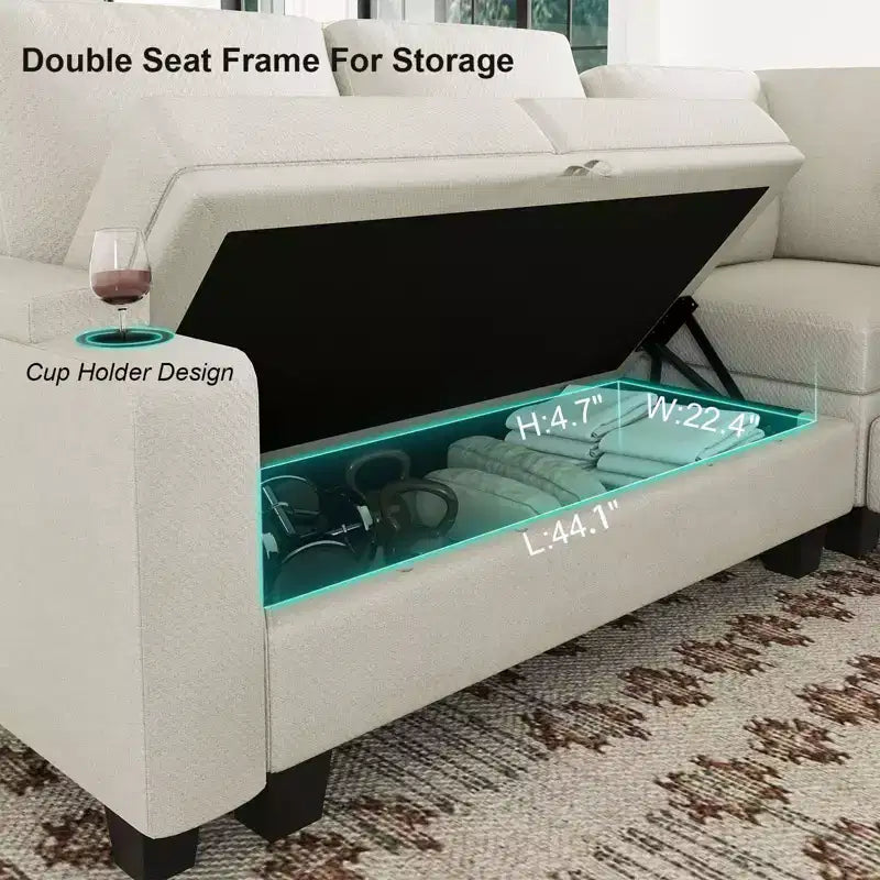 L-Shaped Fabric Sectional Couch - Modular Design with Hidden Storage & Removable Cup Holder
