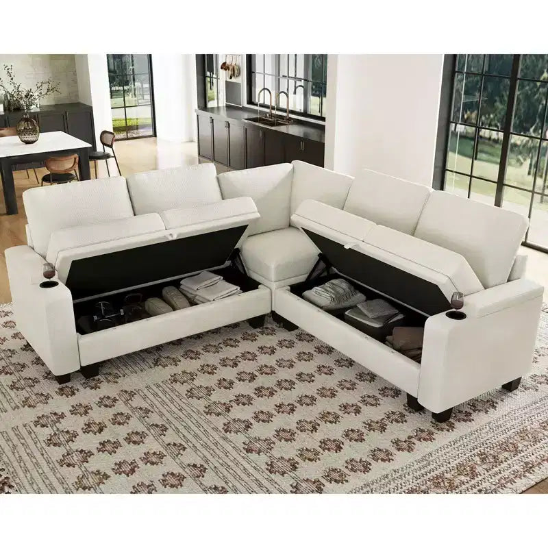 L-Shaped Fabric Sectional Couch - Modular Design with Hidden Storage & Removable Cup Holder