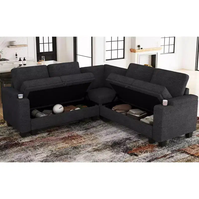 L-Shaped Fabric Sectional Couch - Modular Design with Hidden Storage & Removable Cup Holder