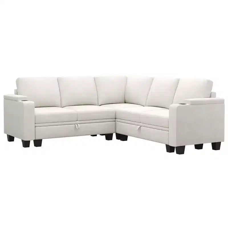 L-Shaped Fabric Sectional Couch - Modular Design with Hidden Storage & Removable Cup Holder