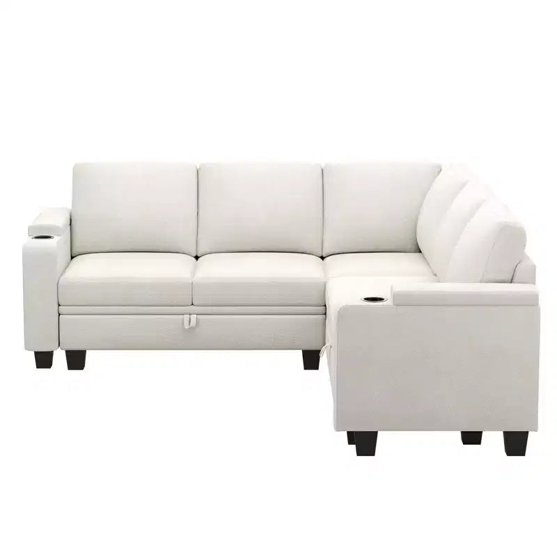 L-Shaped Fabric Sectional Couch - Modular Design with Hidden Storage & Removable Cup Holder