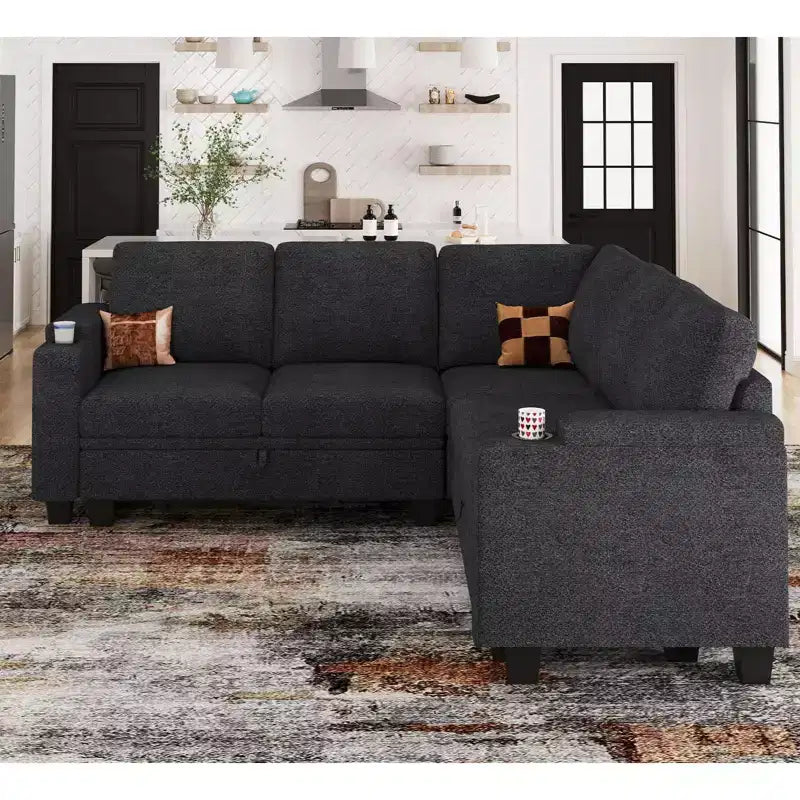 L-Shaped Fabric Sectional Couch - Modular Design with Hidden Storage & Removable Cup Holder