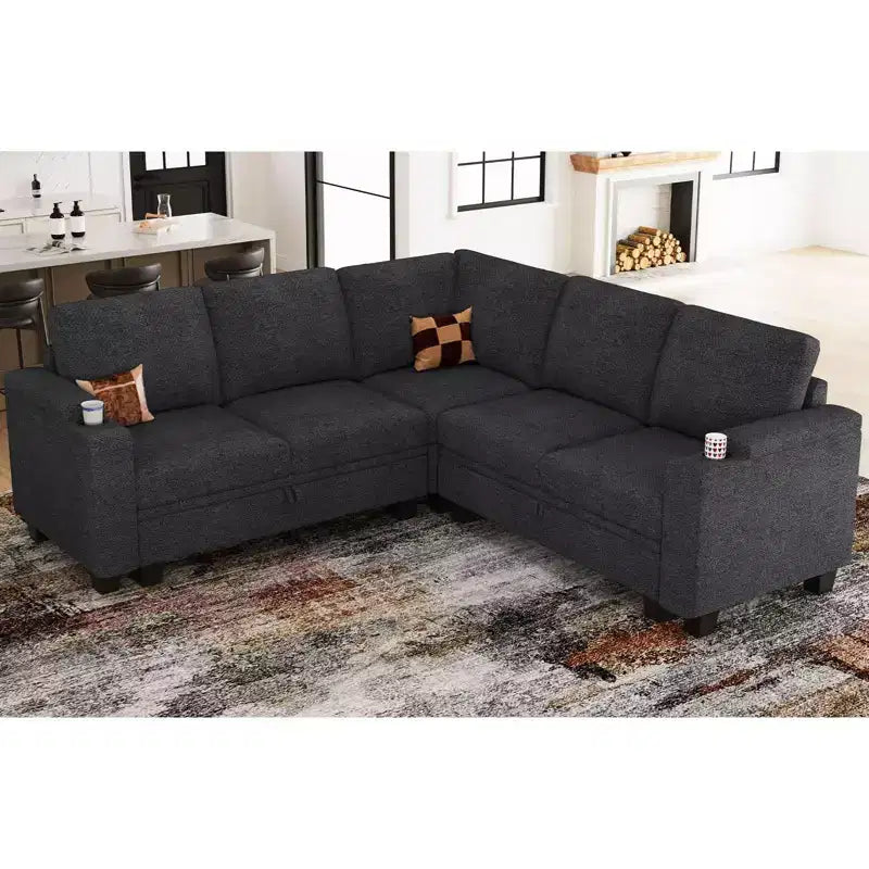 L-Shaped Fabric Sectional Couch - Modular Design with Hidden Storage & Removable Cup Holder
