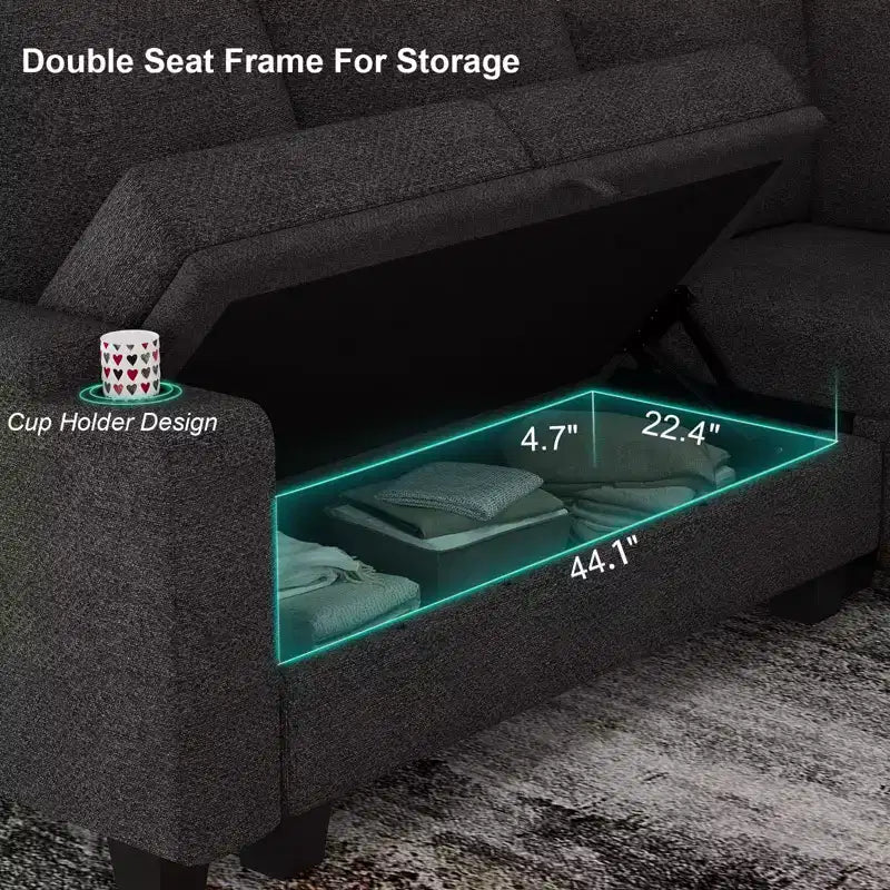 L-Shaped Fabric Sectional Couch - Modular Design with Hidden Storage & Removable Cup Holder