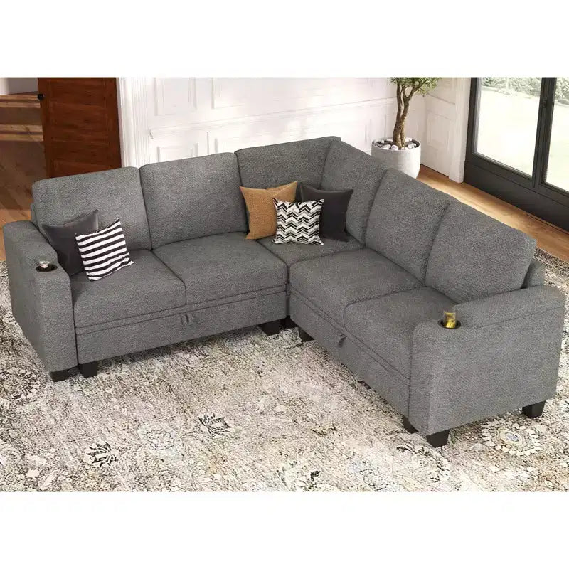 L-Shaped Fabric Sectional Couch - Modular Design with Hidden Storage & Removable Cup Holder