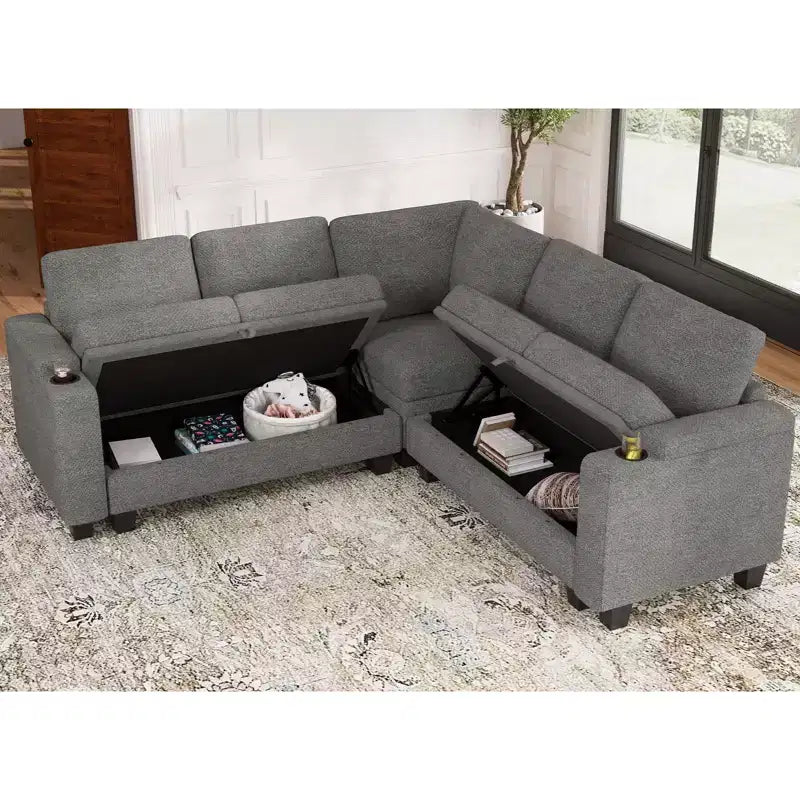 L-Shaped Fabric Sectional Couch - Modular Design with Hidden Storage & Removable Cup Holder
