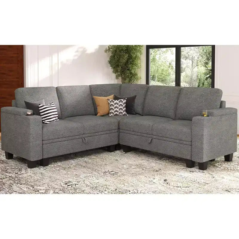 L-Shaped Fabric Sectional Couch - Modular Design with Hidden Storage & Removable Cup Holder