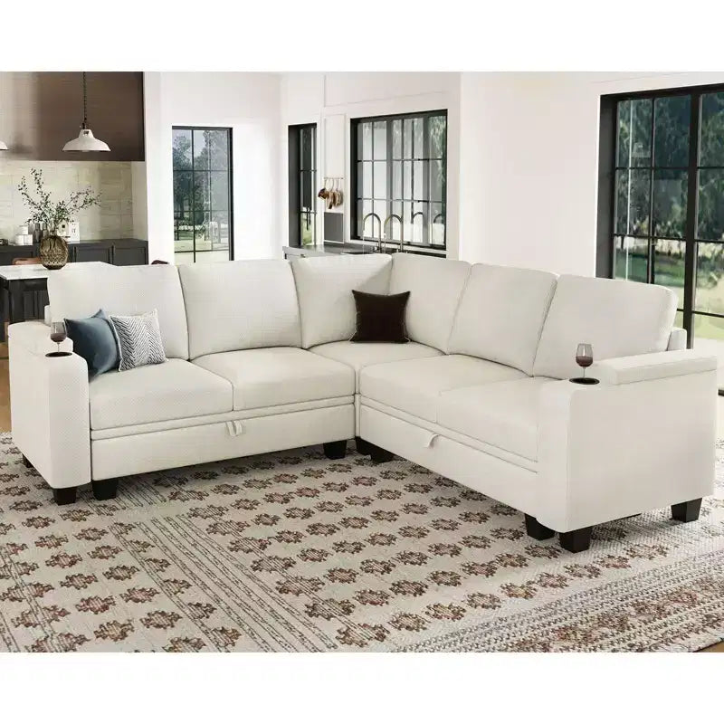 L-Shaped Fabric Sectional Couch - Modular Design with Hidden Storage & Removable Cup Holder