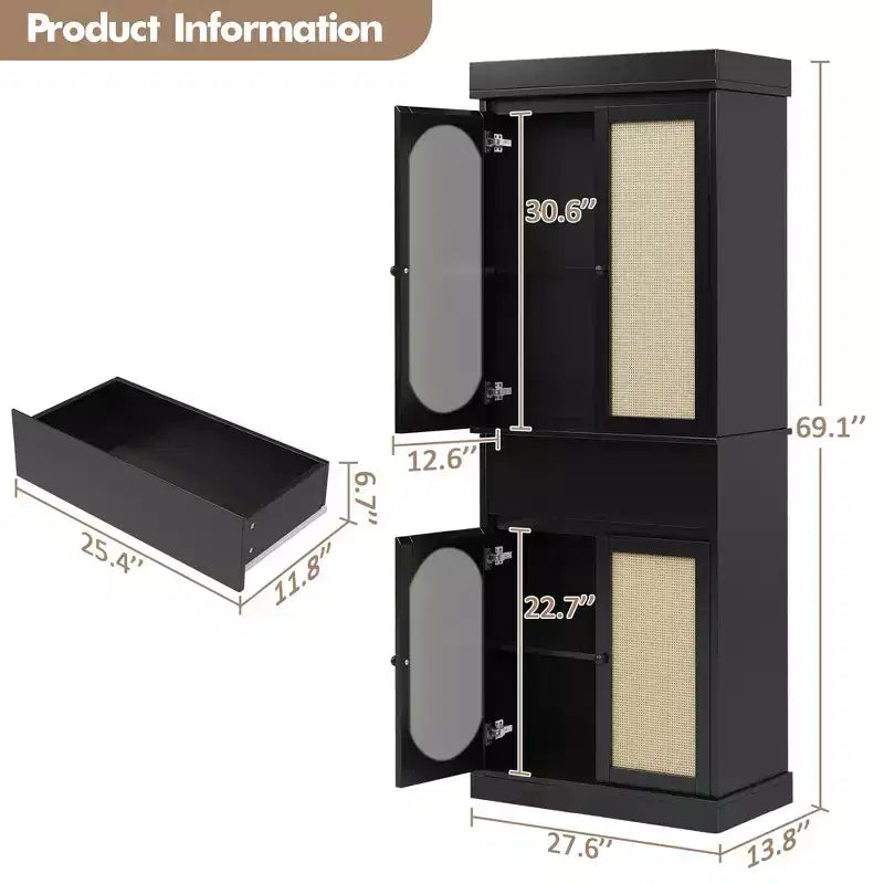 69-inch Tall Pantry Cabinet, Rattan Pantry Storage, Adjustable Shelves, Freestanding Cupboard with Drawer for Bathroom, Dining Room, Living Room