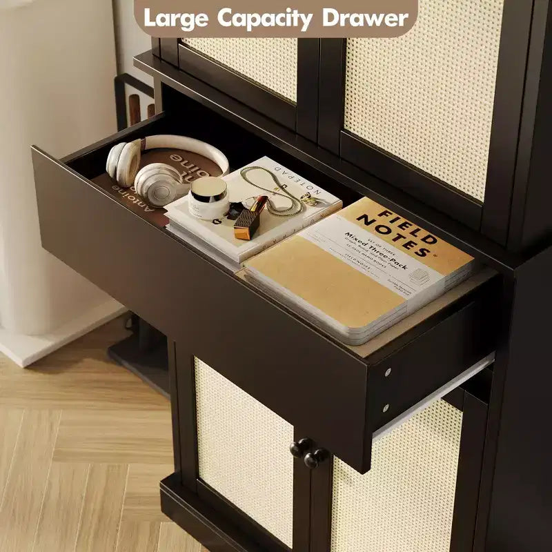 69-inch Tall Pantry Cabinet, Rattan Pantry Storage, Adjustable Shelves, Freestanding Cupboard with Drawer for Bathroom, Dining Room, Living Room