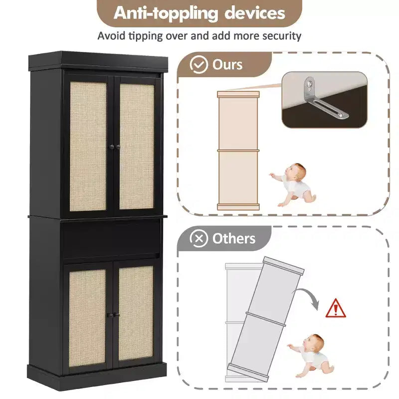 69-inch Tall Pantry Cabinet, Rattan Pantry Storage, Adjustable Shelves, Freestanding Cupboard with Drawer for Bathroom, Dining Room, Living Room