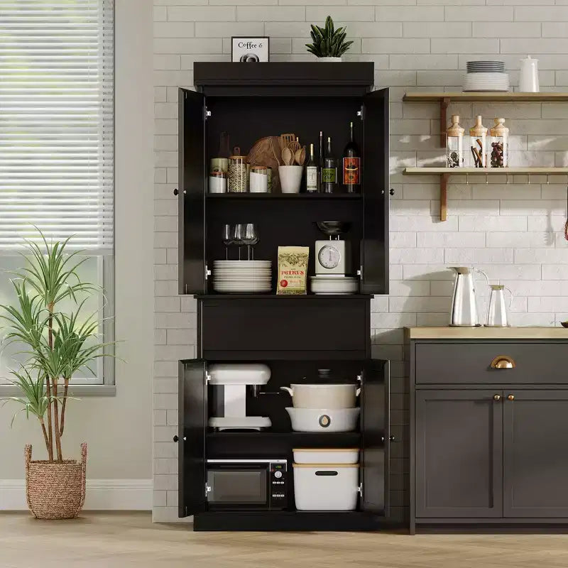 69-inch Tall Pantry Cabinet, Rattan Pantry Storage, Adjustable Shelves, Freestanding Cupboard with Drawer for Bathroom, Dining Room, Living Room