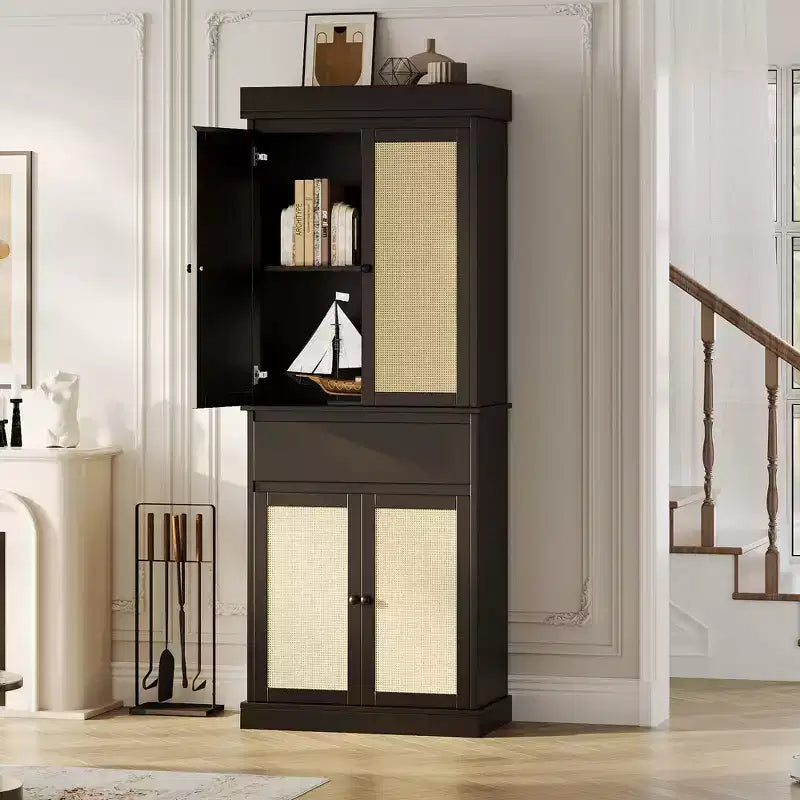 69-inch Tall Pantry Cabinet, Rattan Pantry Storage, Adjustable Shelves, Freestanding Cupboard with Drawer for Bathroom, Dining Room, Living Room