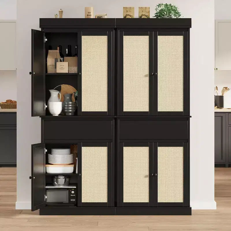 69-inch Tall Pantry Cabinet, Rattan Pantry Storage, Adjustable Shelves, Freestanding Cupboard with Drawer for Bathroom, Dining Room, Living Room