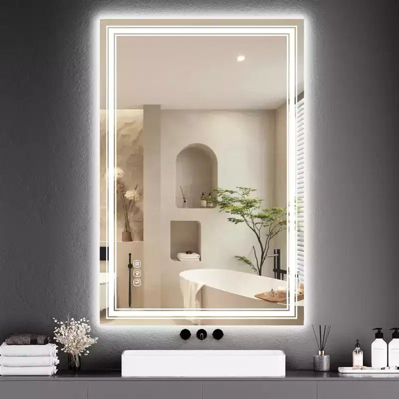 55x30 LED Bathroom Mirror with Lights,Anti-Fog,Dimmable,Backlit + Front Lit,Memory,Double LED Vanity,3 Colors,Stepless Dimming