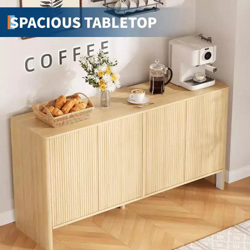 Buffet Cabinet with Storage, 58 Fluted Sideboard Cabinets with 4 Doors & Adjustable Shelves, Wood Buffet Table