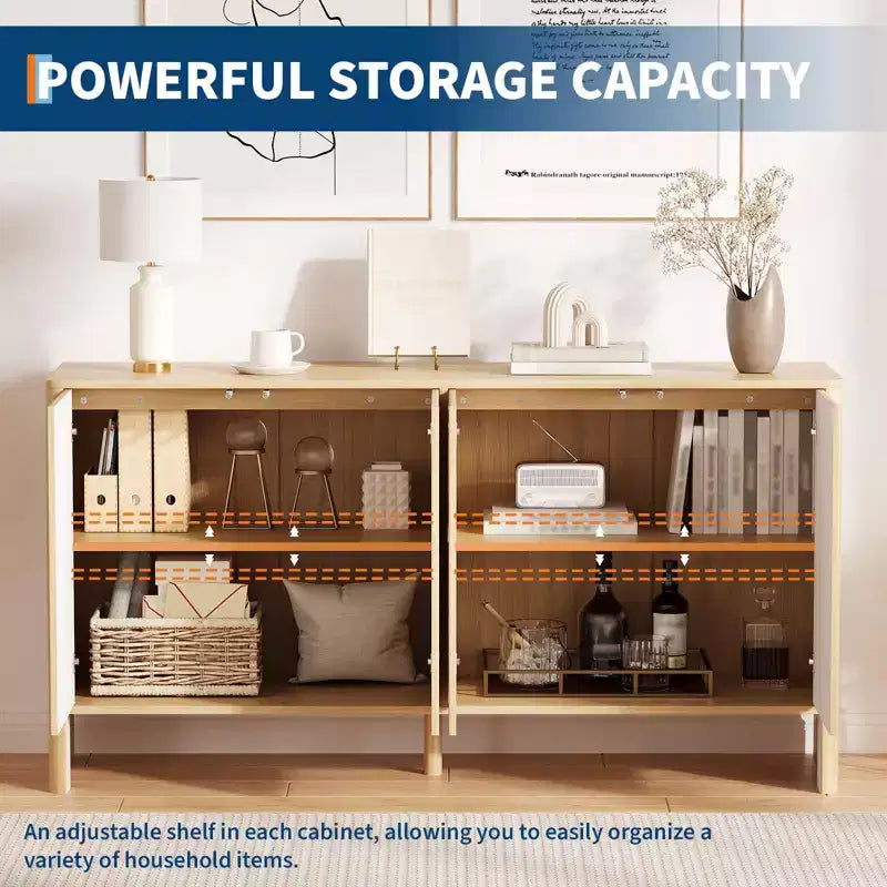 Buffet Cabinet with Storage, 58 Fluted Sideboard Cabinets with 4 Doors & Adjustable Shelves, Wood Buffet Table
