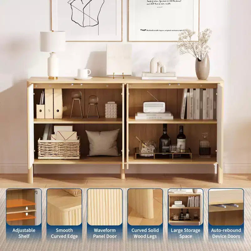 Buffet Cabinet with Storage, 58 Fluted Sideboard Cabinets with 4 Doors & Adjustable Shelves, Wood Buffet Table