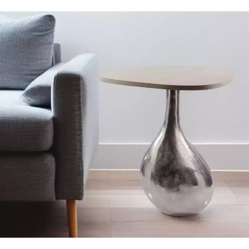 22 Silver And Beige Cast Aluminum And Marble Pedestal End Table