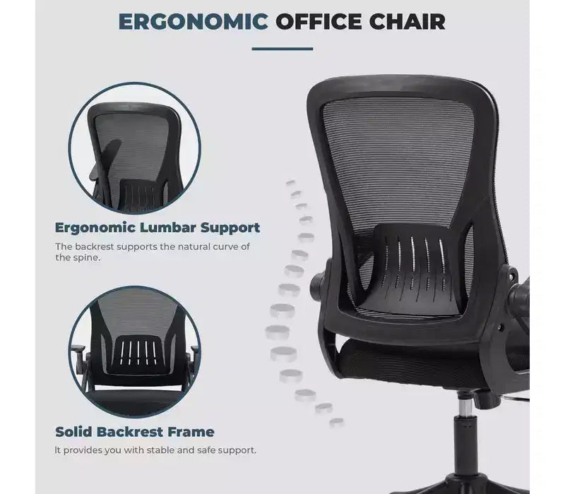 Ergonomic Office Chair with Flip-Up Armrests & Lumbar Support Adjustable Swivel Desk Chair with Padded Seat, Mesh Back (Black)