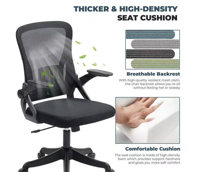 Ergonomic Office Chair with Flip-Up Armrests & Lumbar Support Adjustable Swivel Desk Chair with Padded Seat, Mesh Back (Black)
