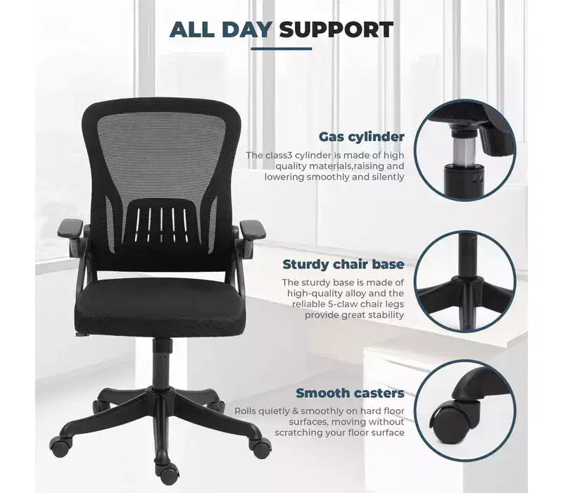 Ergonomic Office Chair with Flip-Up Armrests & Lumbar Support Adjustable Swivel Desk Chair with Padded Seat, Mesh Back (Black)
