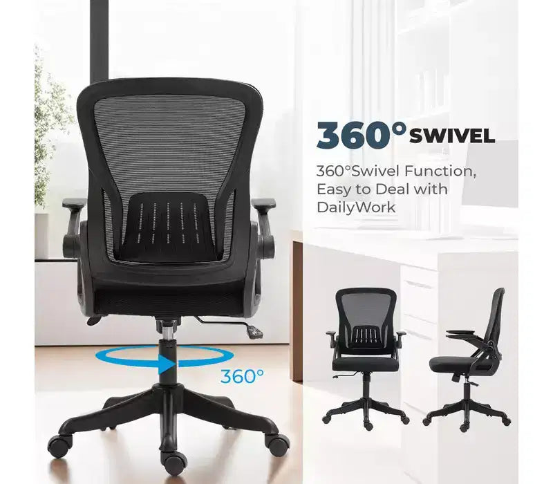 Ergonomic Office Chair with Flip-Up Armrests & Lumbar Support Adjustable Swivel Desk Chair with Padded Seat, Mesh Back (Black)