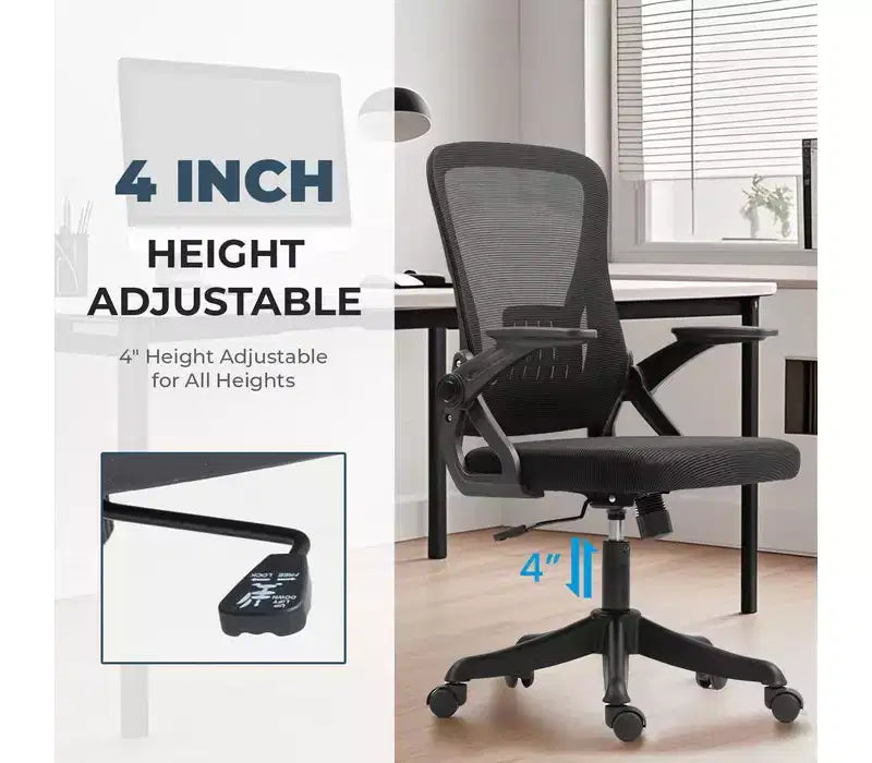 Ergonomic Office Chair with Flip-Up Armrests & Lumbar Support Adjustable Swivel Desk Chair with Padded Seat, Mesh Back (Black)
