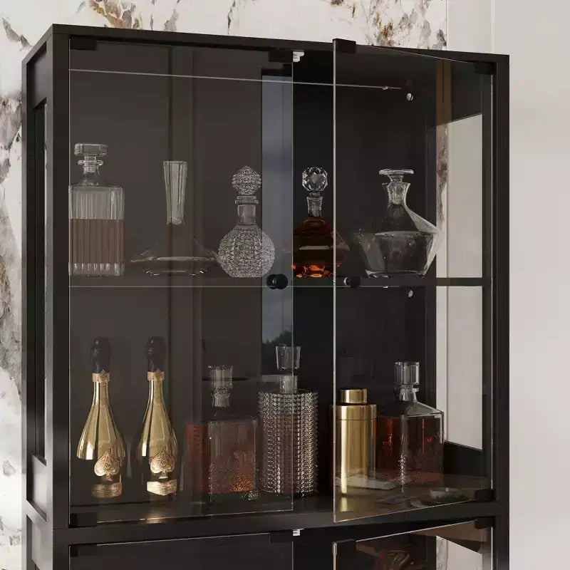 31.5x65 Tempered Glass Curio Cabinet with Motion Sensor Lights 4-Door Tall Black Display Case Bookcase Bookshelf Sideboard Pantry