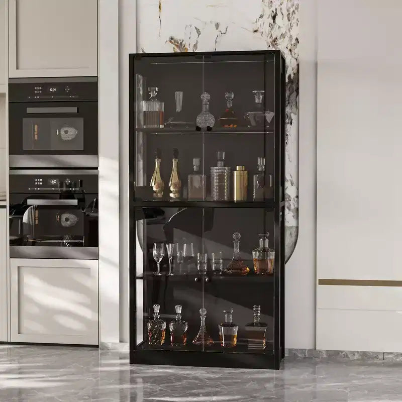 31.5x65 Tempered Glass Curio Cabinet with Motion Sensor Lights 4-Door Tall Black Display Case Bookcase Bookshelf Sideboard Pantry