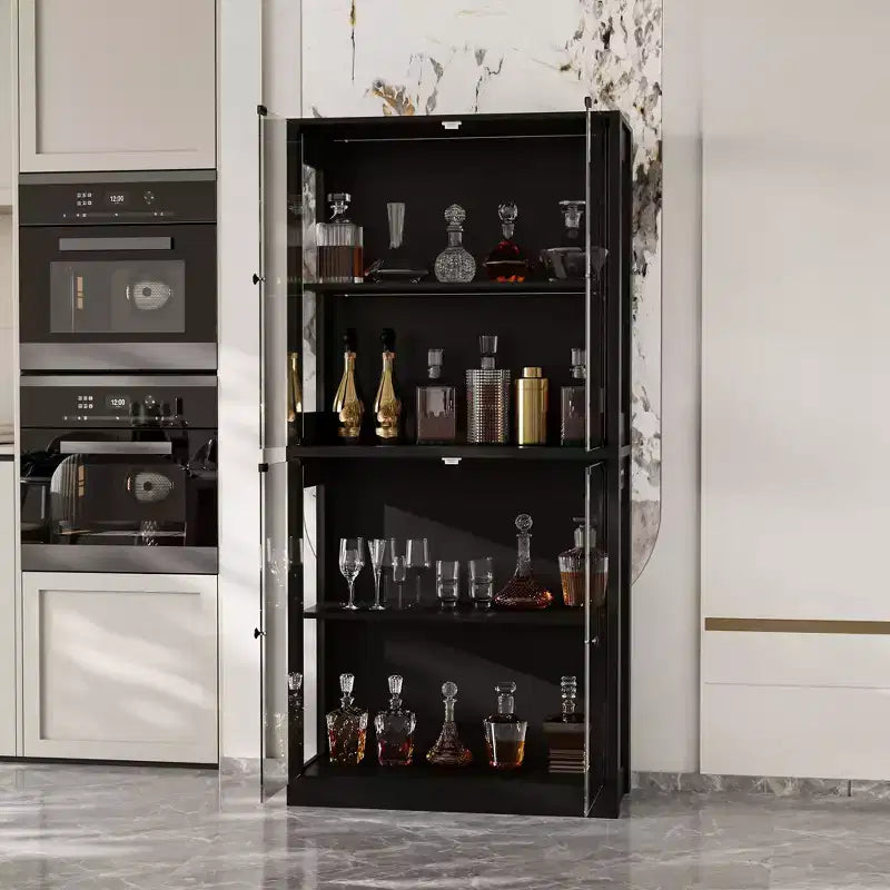 31.5x65 Tempered Glass Curio Cabinet with Motion Sensor Lights 4-Door Tall Black Display Case Bookcase Bookshelf Sideboard Pantry