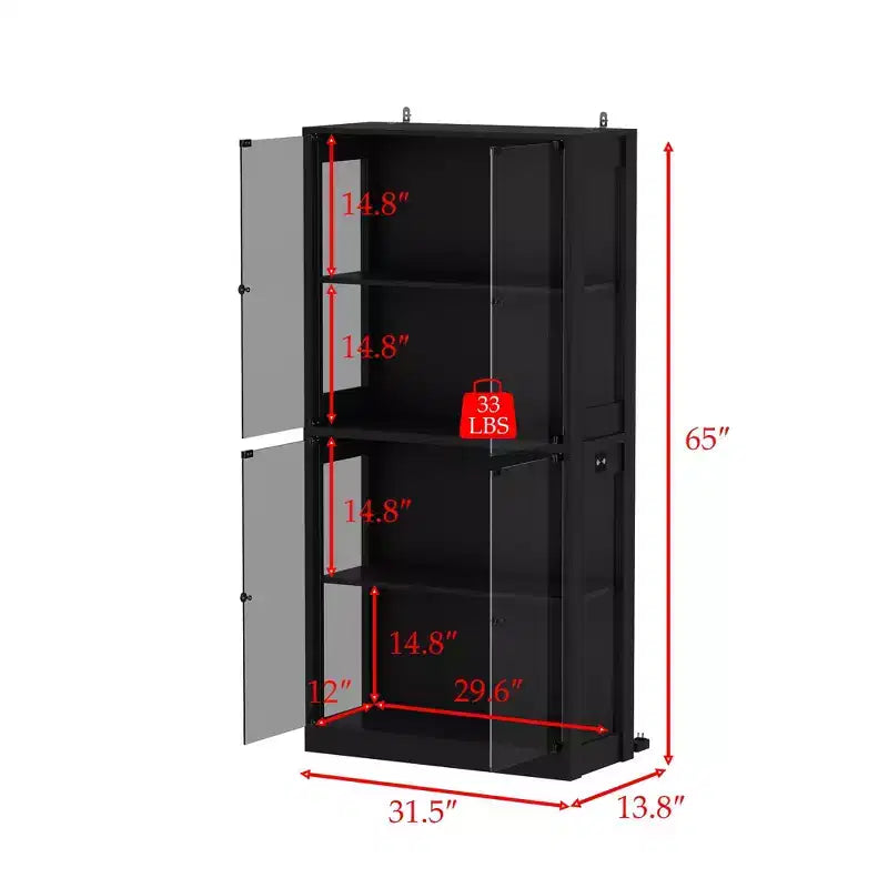31.5x65 Tempered Glass Curio Cabinet with Motion Sensor Lights 4-Door Tall Black Display Case Bookcase Bookshelf Sideboard Pantry