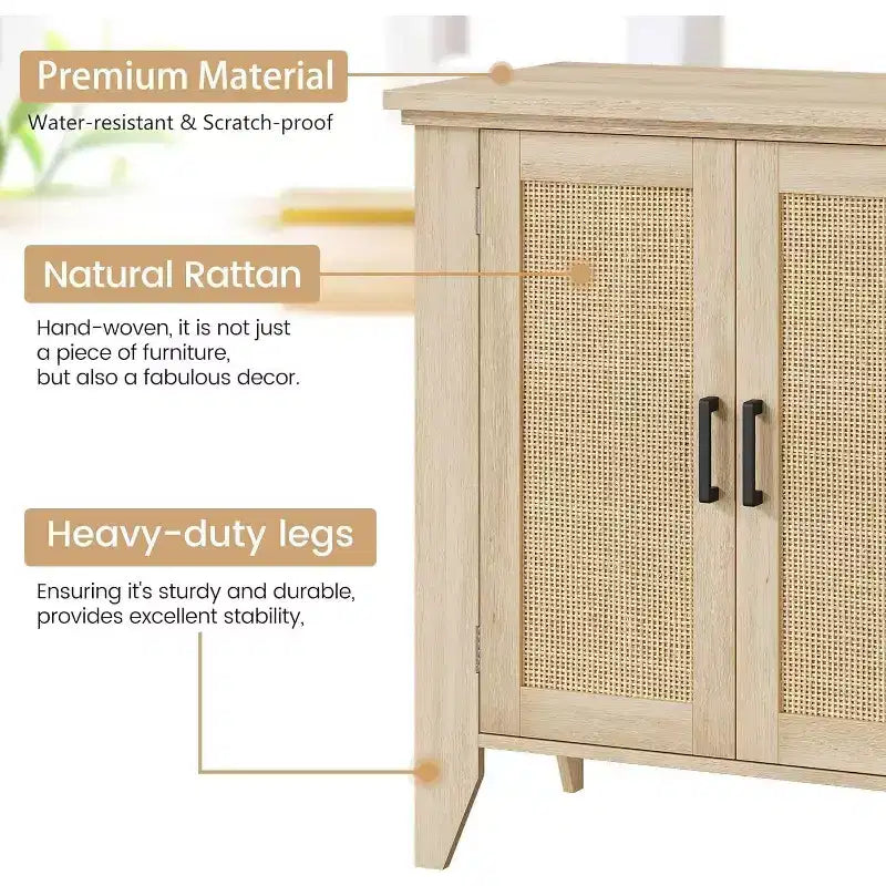 Rattan Buffet Cabinet, Small Storage with Doors and Shelves, Wooden Sideboard for Living Room, Dining Room, Kitchen, Natural Oak