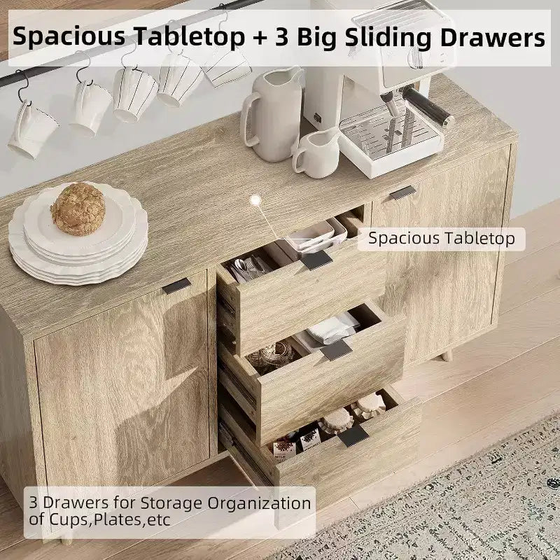 Rattan Buffet Cabinet, Small Storage with Doors and Shelves, Wooden Sideboard for Living Room, Dining Room, Kitchen, Natural Oak