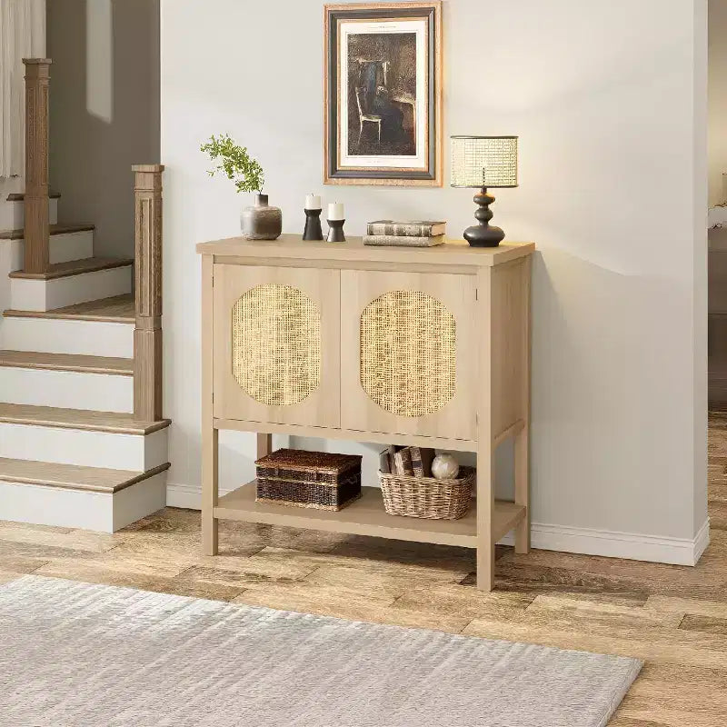 Rattan Buffet Cabinet, Small Storage with Doors and Shelves, Wooden Sideboard for Living Room, Dining Room, Kitchen, Natural Oak