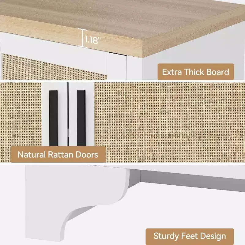 Rattan Buffet Cabinet, Small Storage with Doors and Shelves, Wooden Sideboard for Living Room, Dining Room, Kitchen, Natural Oak