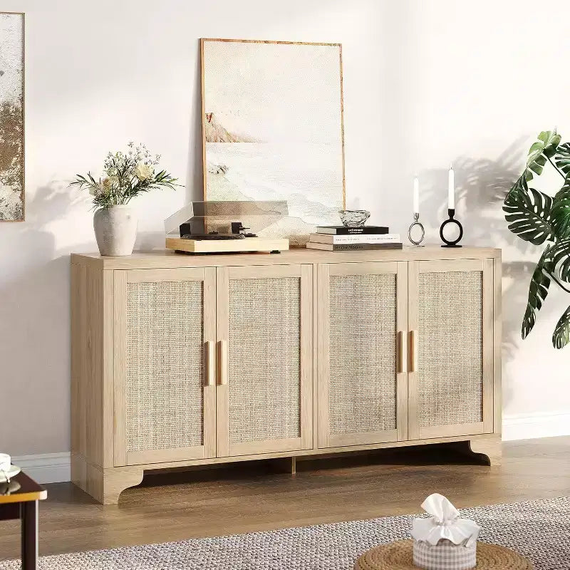 Rattan Buffet Cabinet, Small Storage with Doors and Shelves, Wooden Sideboard for Living Room, Dining Room, Kitchen, Natural Oak