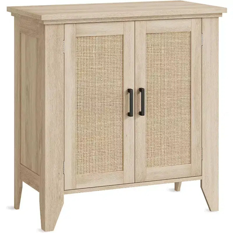 Rattan Buffet Cabinet, Small Storage with Doors and Shelves, Wooden Sideboard for Living Room, Dining Room, Kitchen, Natural Oak