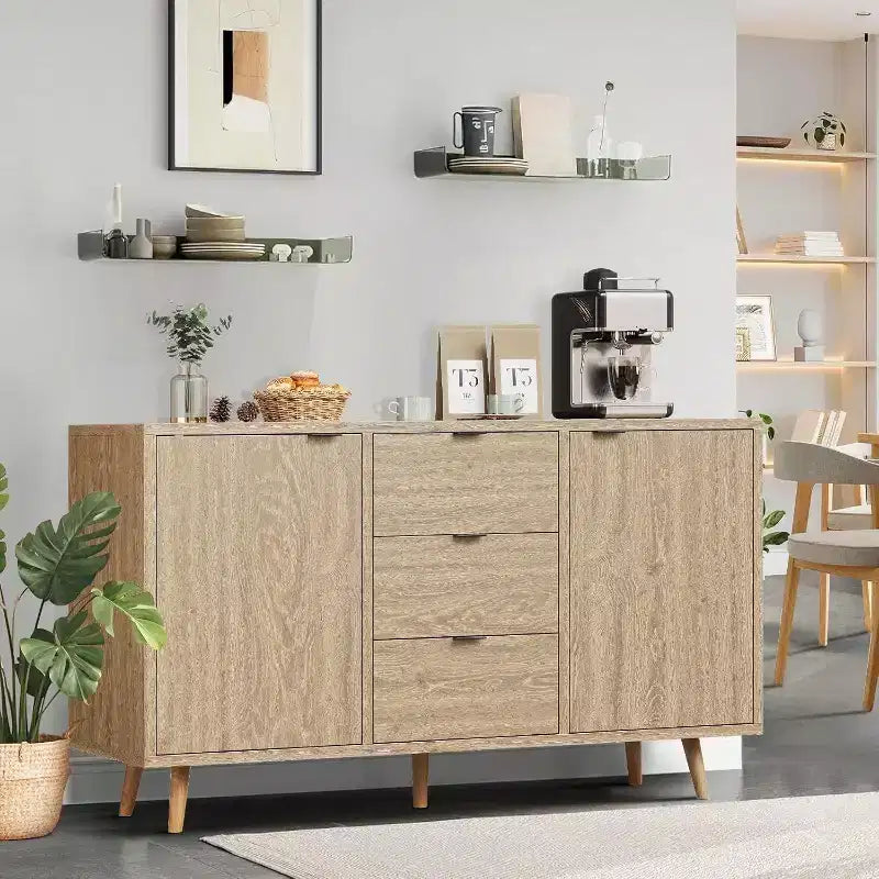 Rattan Buffet Cabinet, Small Storage with Doors and Shelves, Wooden Sideboard for Living Room, Dining Room, Kitchen, Natural Oak