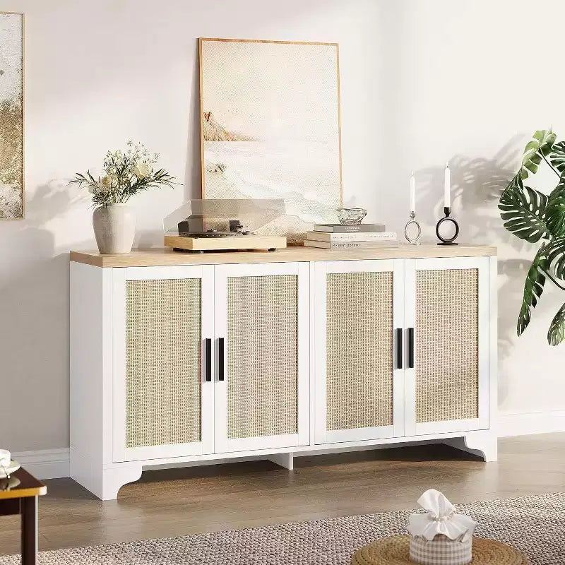 Rattan Buffet Cabinet, Small Storage with Doors and Shelves, Wooden Sideboard for Living Room, Dining Room, Kitchen, Natural Oak