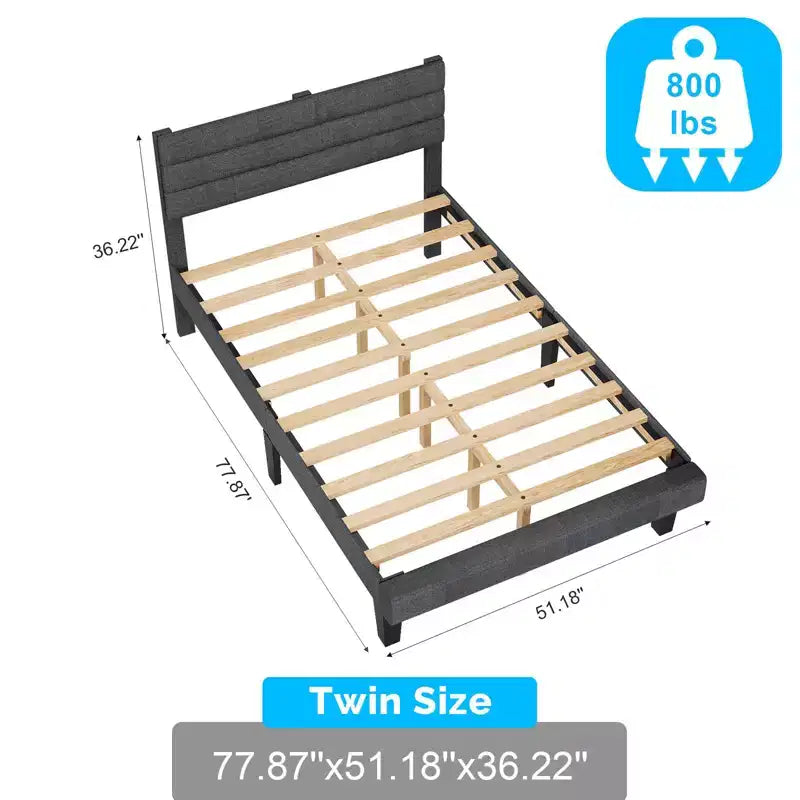 Twin Size Upholstered Bed Frame, Platform Bed with Headboard Gray