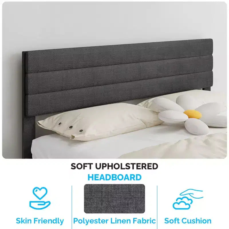 Twin Size Upholstered Bed Frame, Platform Bed with Headboard Gray
