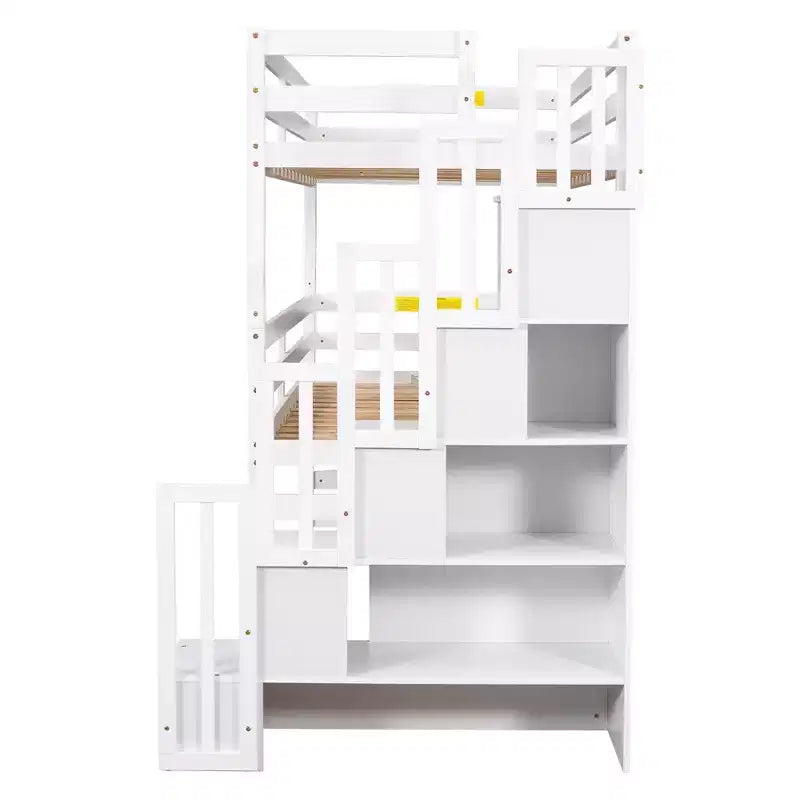 Twin Size Triple Bunk Bed with Storage Staircase, Convertible 3-in-1 Wooden Bunk Bed Frame with Safety Rails, White -